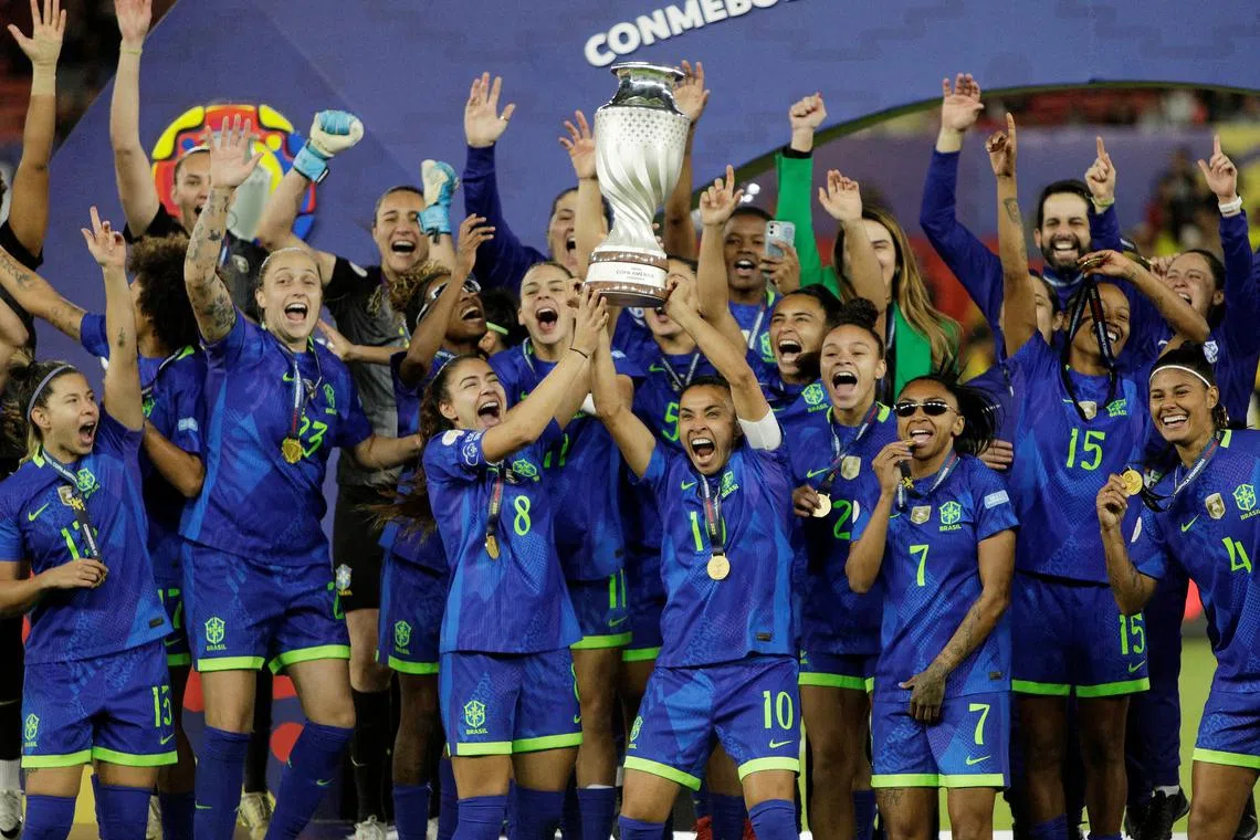 Brazil players celebrating after winning Women's Copa America 2025.