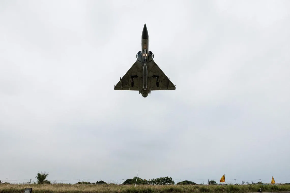 A Taiwanese Air Force Mirage 2000 fighter jet approaching for landing at an air force base in Hsinchu in northern Taiwan, on May 23, 2024. 