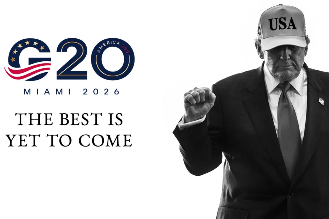 A picture of US President Donald Trump on the G-20 website next to a banner that says "The Best Is Yet to Come”.