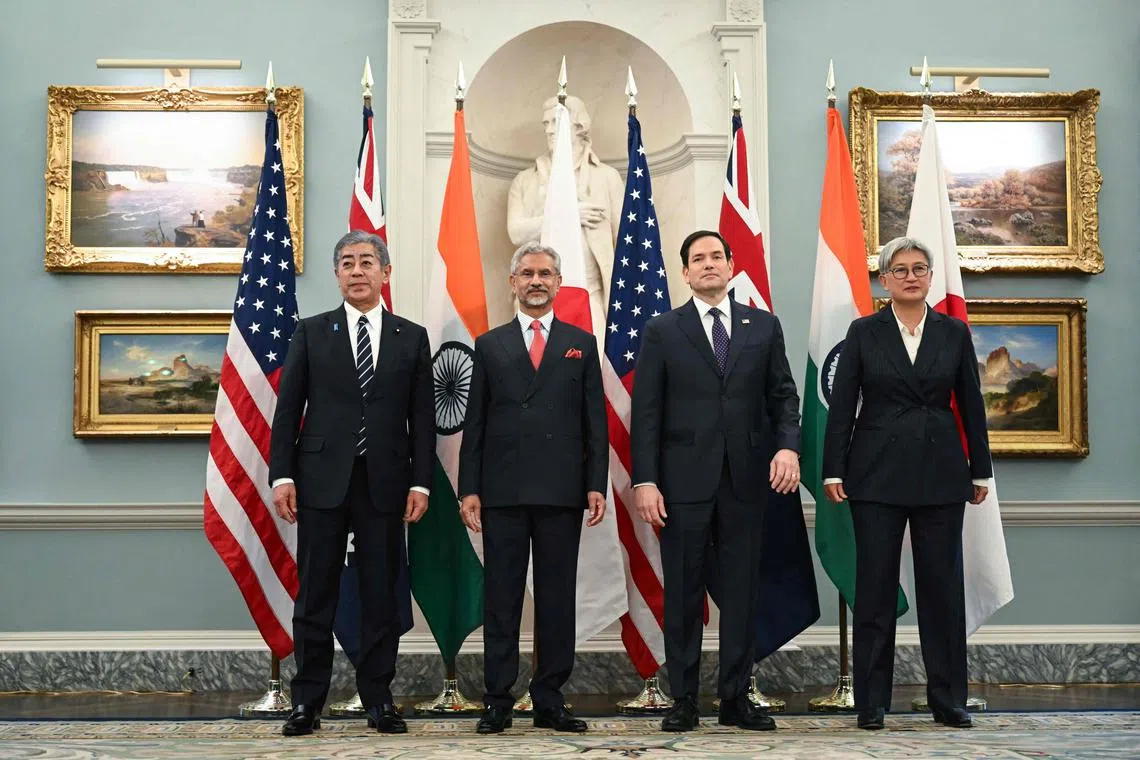 US Secretary of State Marco Rubio (2nd from right) stands alongside the Quad ministers, (left to right) Japan foreign minister Iwaya Takeshi, India foreign minister Subrahmanyam Jaishankar and Australian foreign minister Penny Wong.