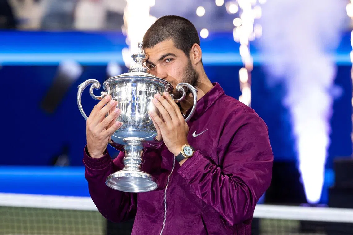 Spain’s Carlos Alcaraz with the US Open trophy after winning the final of men’s singles at Billie Jean King National Tennis Center on Sept 7, 2025.