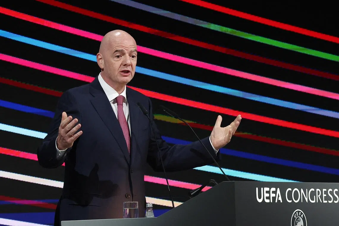Soccer Football - 49th UEFA Ordinary Congress - Sava Congress Centar, Belgrade, Serbia - April 3, 2025 FIFA President Gianni Infantino during the congress REUTERS/Zorana Jevtic