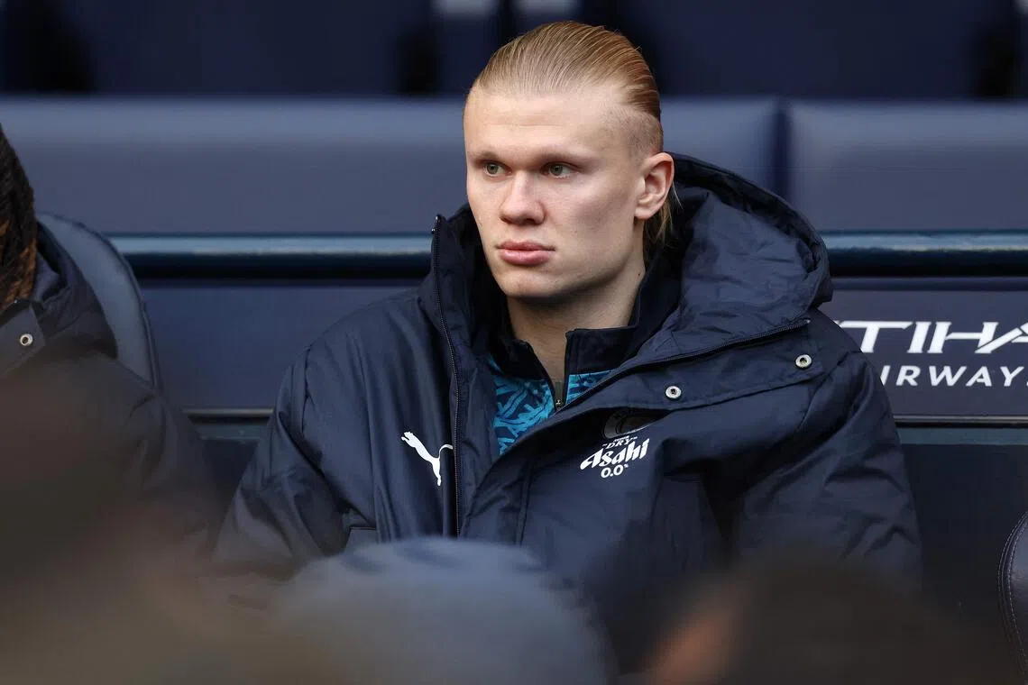 Erling Haaland on the bench during Manchester City's Premier League match against Wolverhampton Wanderers on Jan 24.