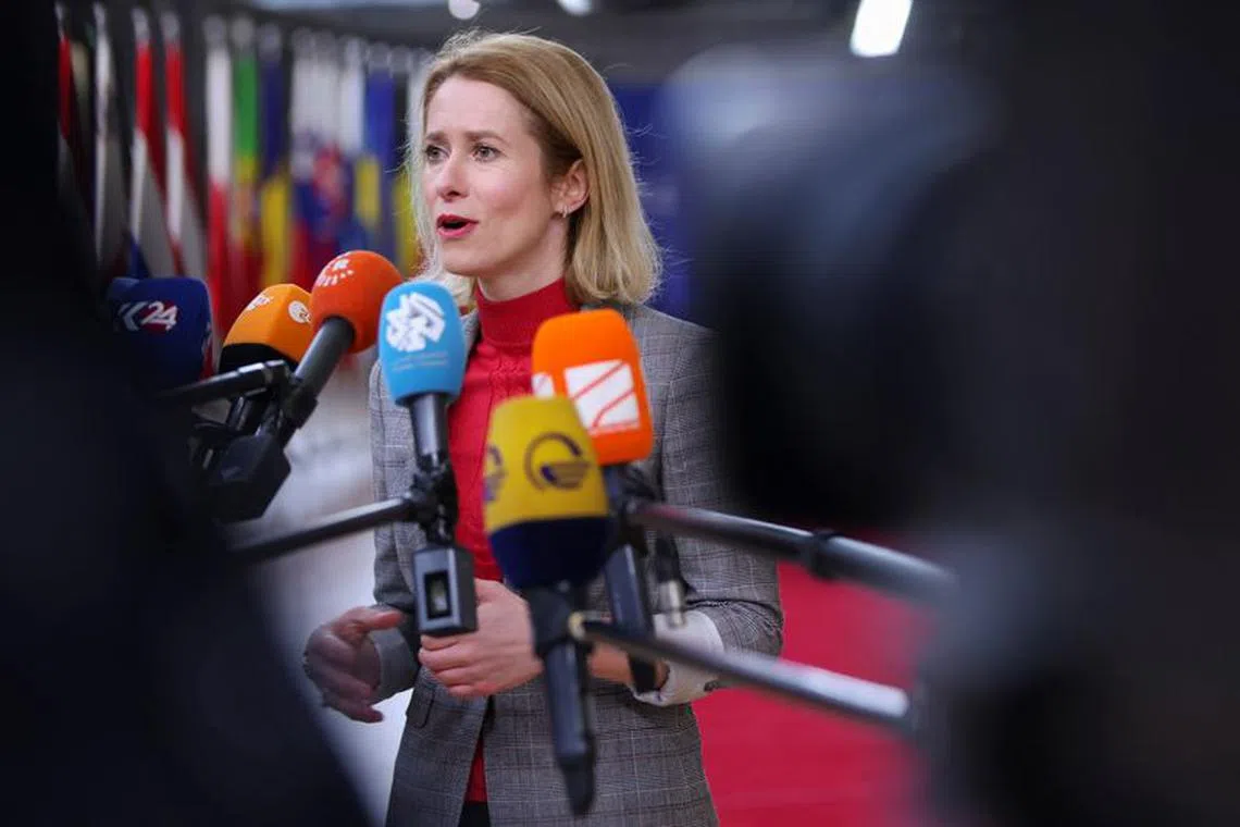 Estonian Prime Minister Kaja Kallas speaks to the press as she attends a European Union summit in Brussels, Belgium February 1, 2024. REUTERS/Johanna Geron