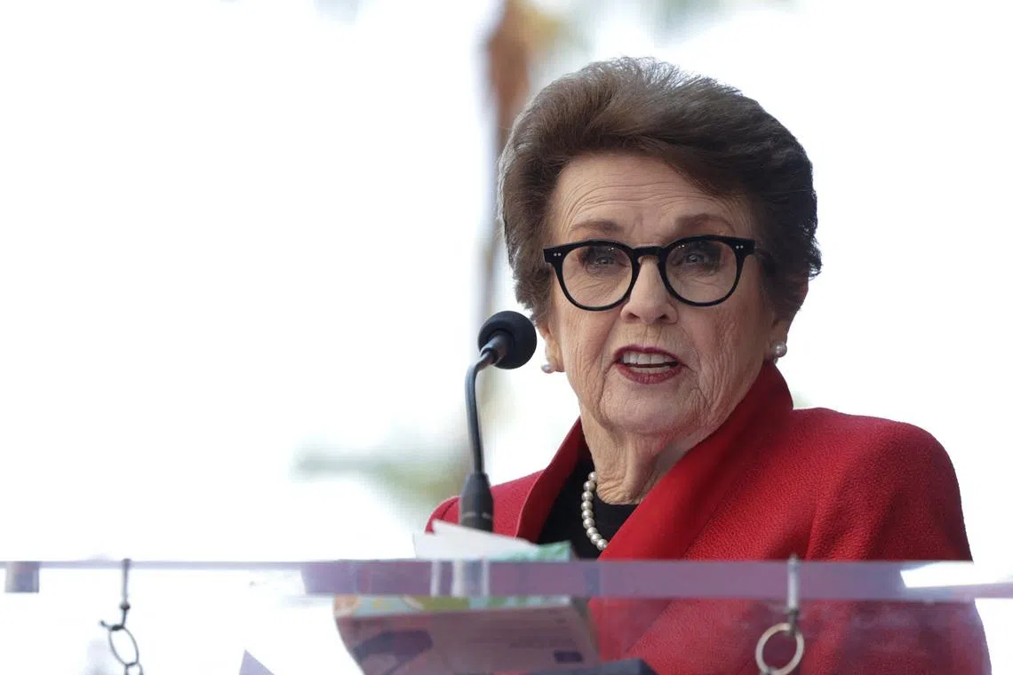 FILE PHOTO: Tennis icon Billie Jean King speaks on the day of her star unveiling ceremony on the Hollywood Walk of Fame in Los Angeles, California, U.S., April 7, 2025. REUTERS/Mario Anzuoni/ File Photo