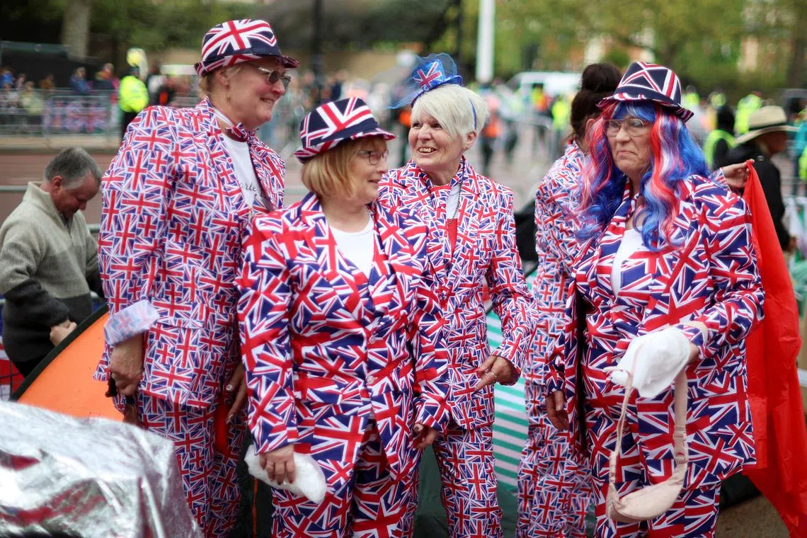 Well-wishers gathering on the Mall outside Buckingham Palace ahead of the coronation of Britain's King Charles and Camilla, Queen Consort, in London, Britain, May 5.