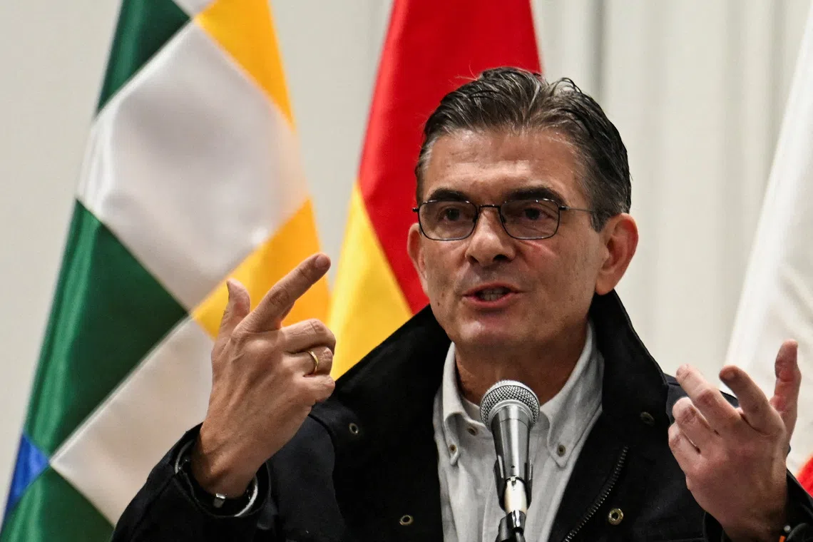 FILE PHOTO: Bolivia's President Rodrigo Paz addresses the media after Congress approved a law regulating states of exception, giving Paz a clearer legal framework to deploy extraordinary measures as the country is grappling with weeks of protests and blockades, in La Paz, Bolivia, June 8, 2026. REUTERS/Claudia Morales/File Photo