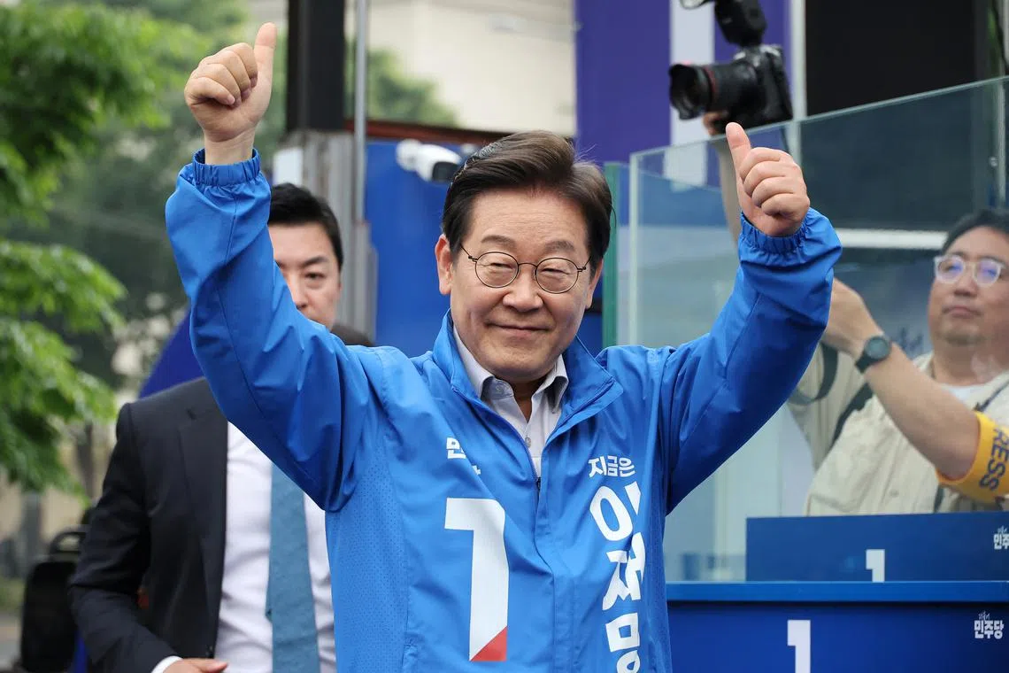 Presidential candidate for South Korea's Democratic Party Lee Jae-myung gestures during an election campaign rally on May 28.
