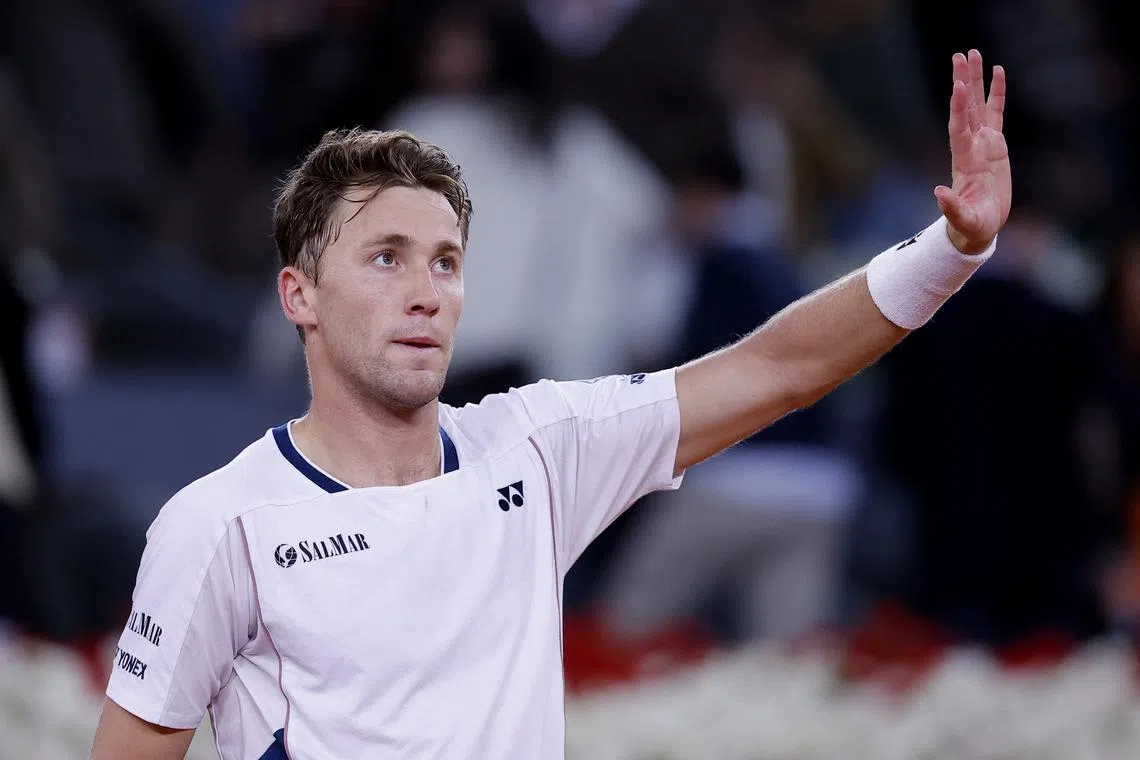 Tennis - Madrid Open - Park Manzanares, Madrid, Spain - May 2, 2025 Norway's Casper Ruud celebrates winning his semi final match against Argentina's Francisco Cerundolo REUTERS/Juan Medina