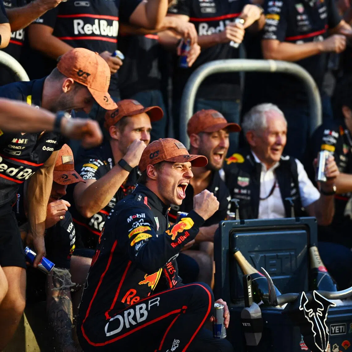 Max Verstappen celebrating with the Red Bull team after the Dutchman won the Formula One United States Grand Prix on Oct 19.