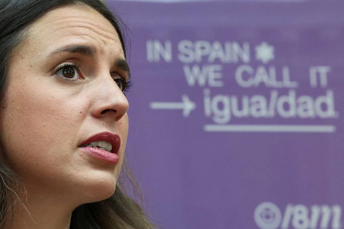 Spain's Minister of Equality Irene Montero speaks after an interview with Reuters amid controversy over kiss of Spanish FA chief Luis Rubiales to player Jennifer Hermoso during World Cup celebrations, at the ministry headquarters in Madrid, Spain, August 30, 2023. REUTERS/Violeta Santos Moura