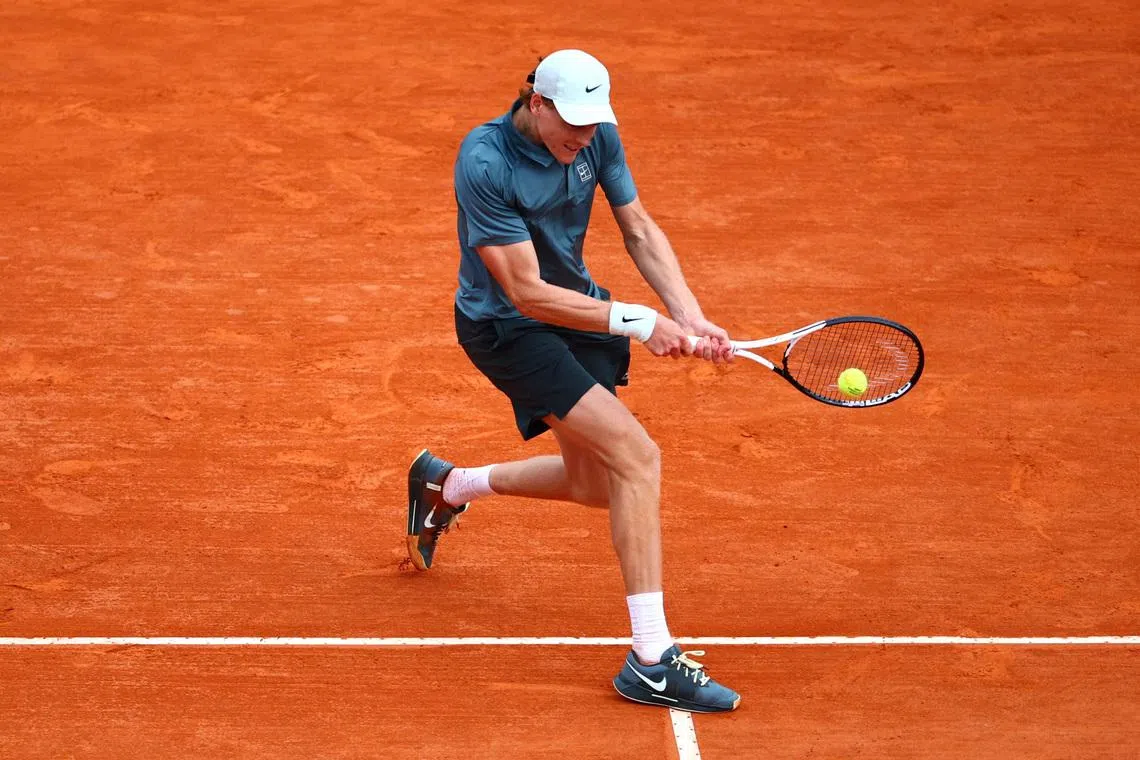 Tennis - ATP Masters 1000 - Monte Carlo Masters - Monte Carlo Country Club, Roquebrune-Cap-Martin, France - April 12, 2026 Italy's Jannik Sinner in action during his final match against Spain's Carlos Alcaraz REUTERS/Manon Cruz