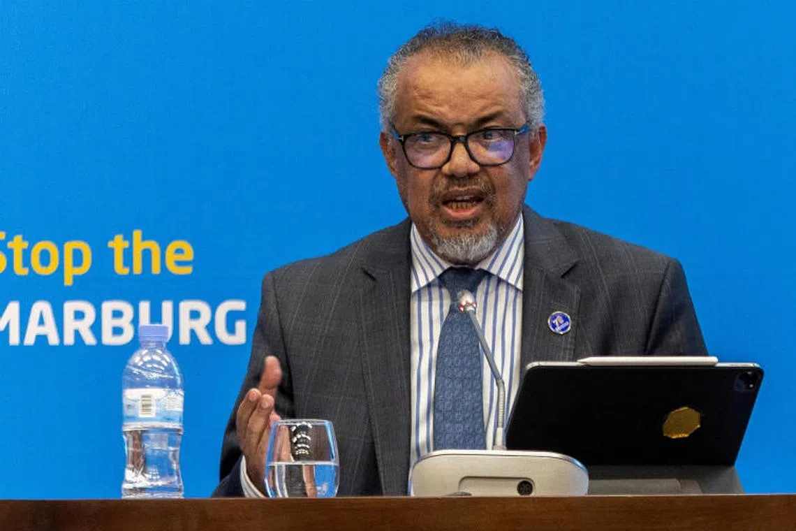 FILE PHOTO: World Health Organization Director-General Tedros Adhanom Ghebreyesus addresses a press conference on the Marburg virus outbreak at the Kigali Convention Center in Kigali, Rwanda, October 20, 2024. REUTERS/Jean Bizimana/File Photo