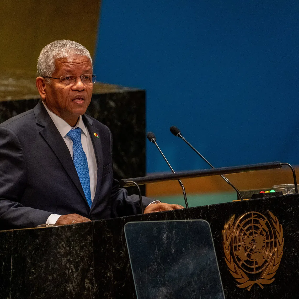 FILE PHOTO: President of Seychelles Wavel Ramkalawan addresses the \"Summit of the Future\" in the General Assembly Hall at United Nations Headquarters in New York City, U.S., September 22, 2024. REUTERS/David Dee Delgado/ File Photo