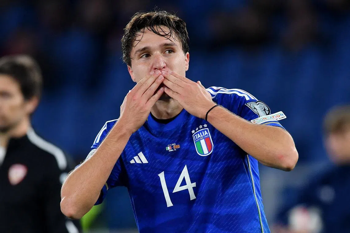 Federico Chiesa, who scored twice in Italy's 5-2 win over North Macedonia, promised Italy would adopt a similarly attacking approach in their crunch clash against Ukraine on Nov 20.