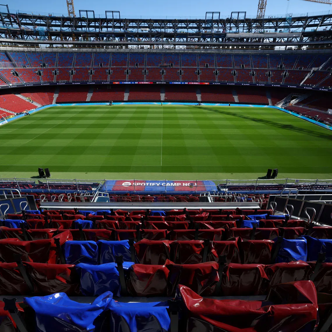FILE PHOTO: Soccer Football - Visit of FC Barcelona's new Spotify Camp Nou, Barcelona, Spain - September 23, 2025 General view inside the stadium during the visit REUTERS/Albert Gea/File Photo