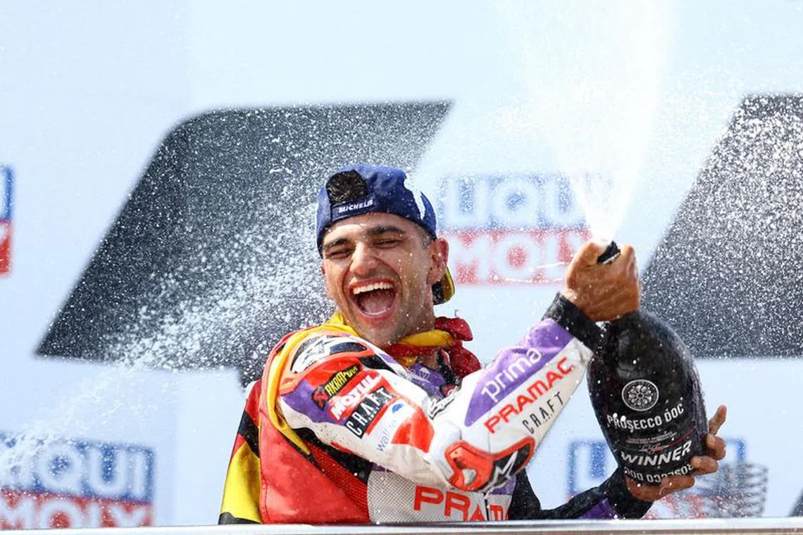 FILE PHOTO-MotoGP - German Grand Prix - Sachsenring, Hohenstein-Ernstthal, Germany - June 18, 2023 Prima Pramac Racing's Jorge Martin celebrates on the podium after winning the race REUTERS/Lisi Niesner/File Photo