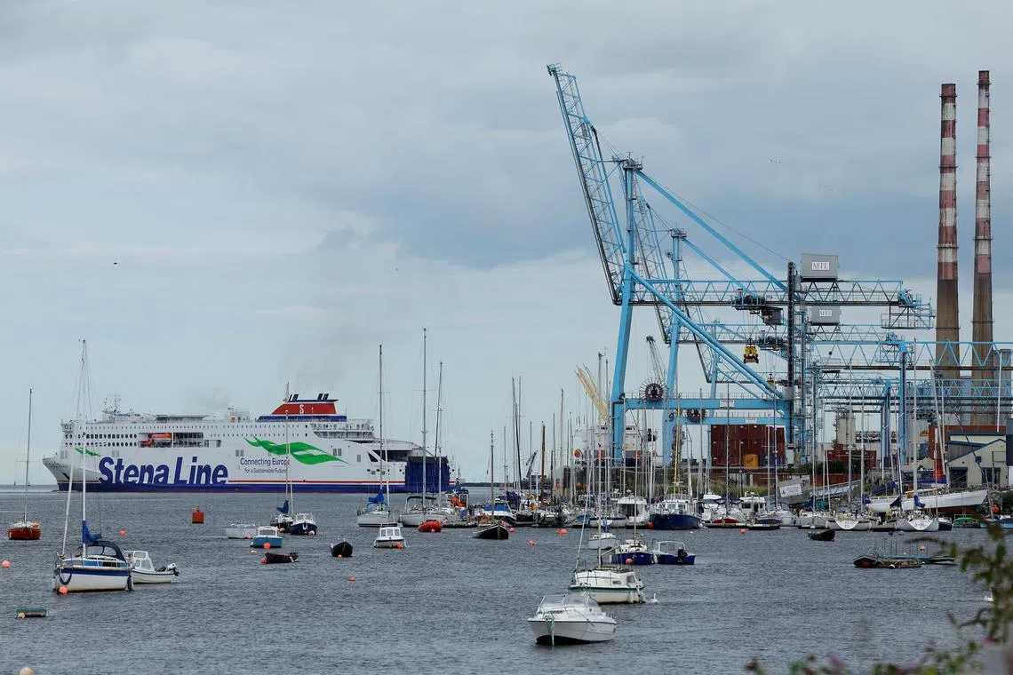 FILE PHOTO: A Stena Line ferry departs Dublin Port with Poolbeg chimney stacks visible, in Dublin, Ireland August 30, 2023. REUTERS/Clodagh Kilcoyne/File Photo