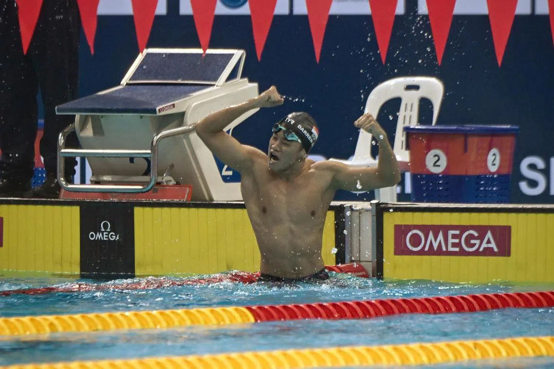 Darren Chan celebrating after coming second in the B-final of the men's 400m freestyle multiclass final, where he broke a national record, on Day 2 of the Citi Para Swimming World Series Singapore 2023. 