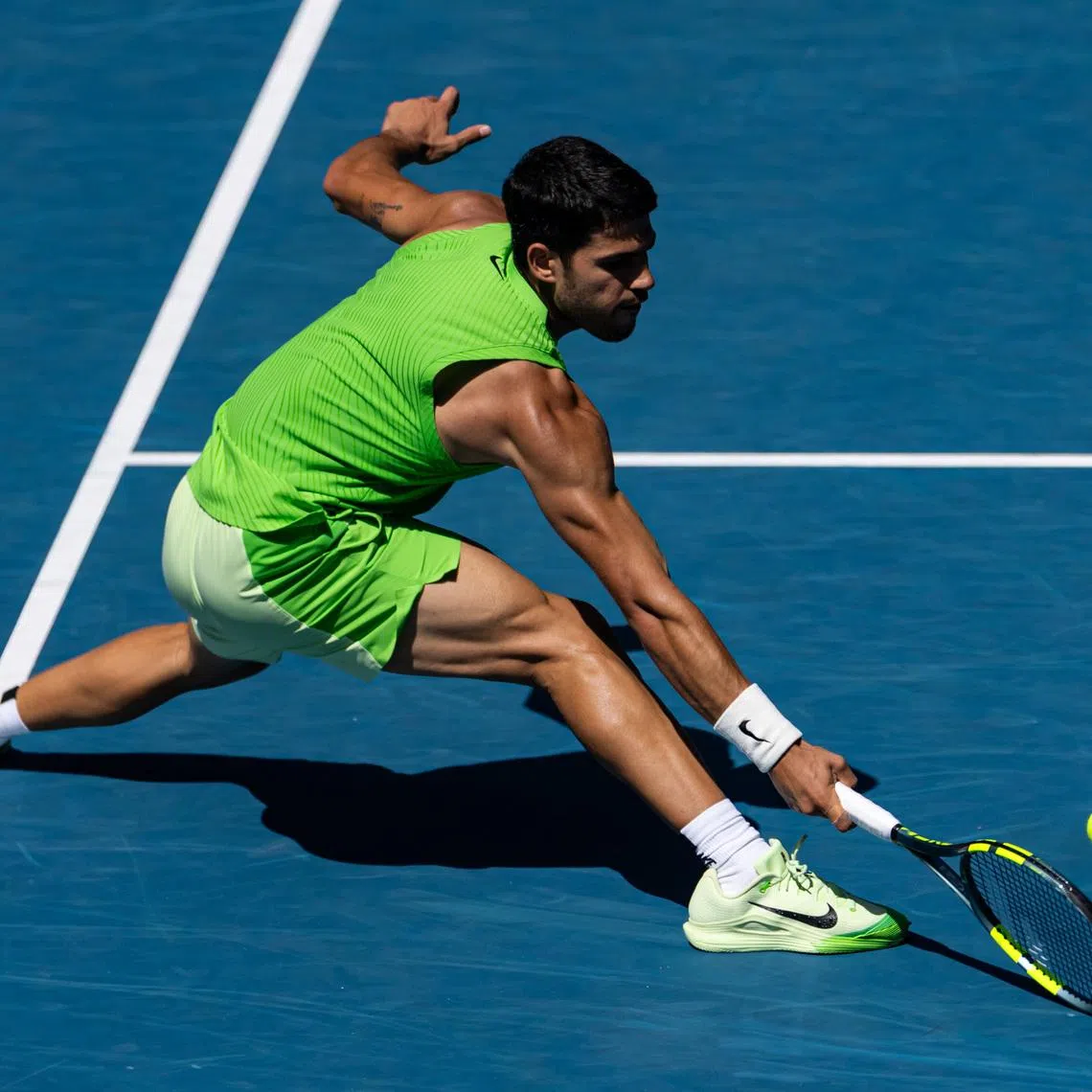 Jan 25, 2026; Melbourne, Victoria, Australia; Carlos Alcaraz of Spain in action against Tommy Paul of United States in the fourth round of the men’s singles at the Australian Open at Rod Laver Arena in Melbourne Park. Mandatory Credit: Mike Frey-Imagn Images