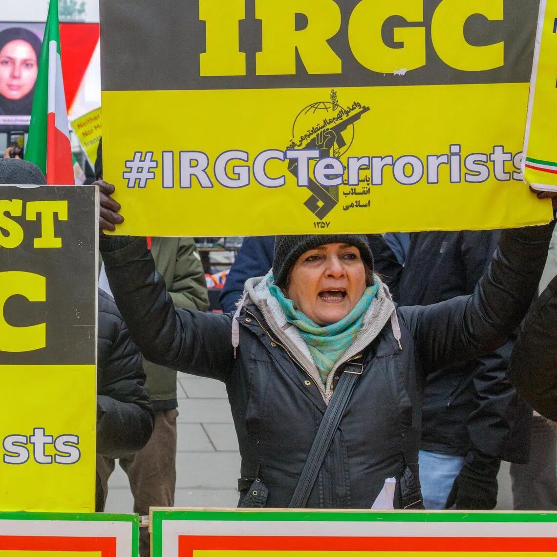 People protesting in Brussels, Belgium, against the Iranian government on Jan 29.

