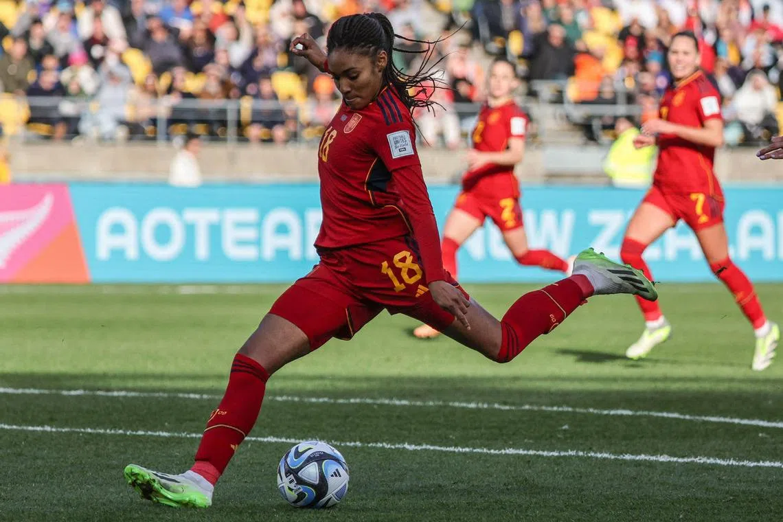Spain forward Salma Paralluelo scoring the winning goal in their 2-1 extra time victory against the Netherlands in the quarter-finals of the Women's World Cup.