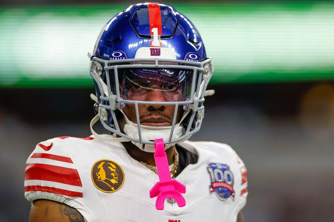 Nov 28, 2024; Arlington, Texas, USA; New York Giants wide receiver Malik Nabers (1) warms up prior to the game against the Dallas Cowboys at AT&T Stadium. Andrew Dieb-Imagn Images/File Photo