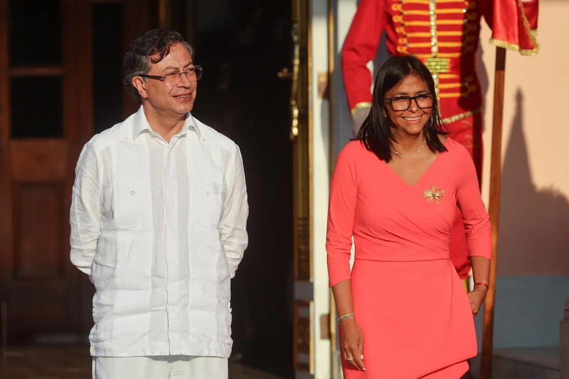 Colombian President Gustavo Petro (left) and Venezuelan Acting President Delcy Rodriguez posing for a picture after a bilateral meeting at the Miraflores Palace in Caracas, Venezuela on April 24, 2026. 
