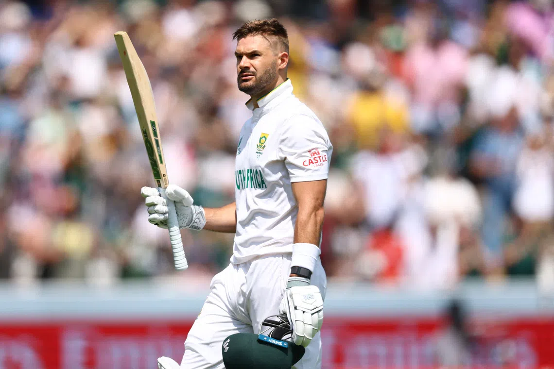 Cricket - 2025 ICC World Test Championship Final - South Africa v Australia - Lord's Cricket Ground, London, Britain - June 14, 2025 South Africa's Aiden Markram raises his bat to acknowledge the crowd. Action Images via Reuters/Andrew Boyers