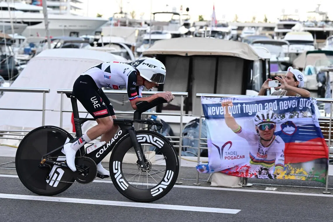 Slovenian rider Tadej Pogacar en route to winning the first stage of the Vuelta a Espana, a 9.4km time trial in Monaco on Aug 22.