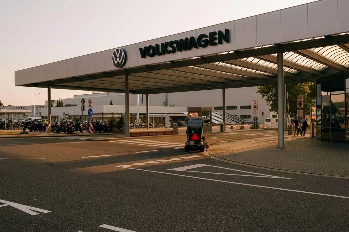 The employee entrance at the Volkswagen AG factory in Zwickau, Germany, on Wednesday, Sept. 4, 2024. Volkswagen defended plans to consider unprecedented factory closures in Germany, saying flagging car sales have left the company with about two plants too many. Photographer: Iona Dutz/Bloomberg