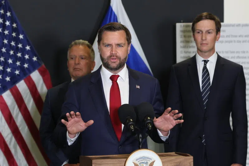 US Vice-President J.D. Vance speaks during a media briefing at the US-led Civil-Military Coordination Centre in southern Israel, on Oct 21.
