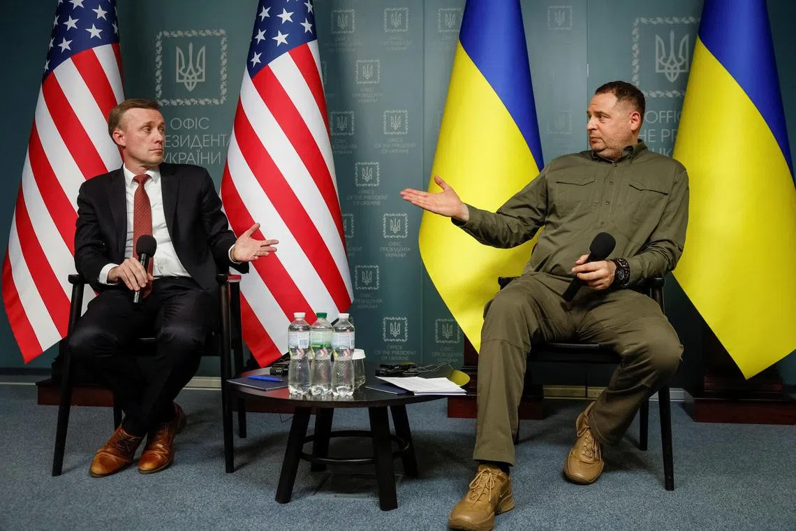 White House national security adviser Jake Sullivan and Ukrainian presidential chief of staff Andriy Yermak give a news briefing in Kyiv.