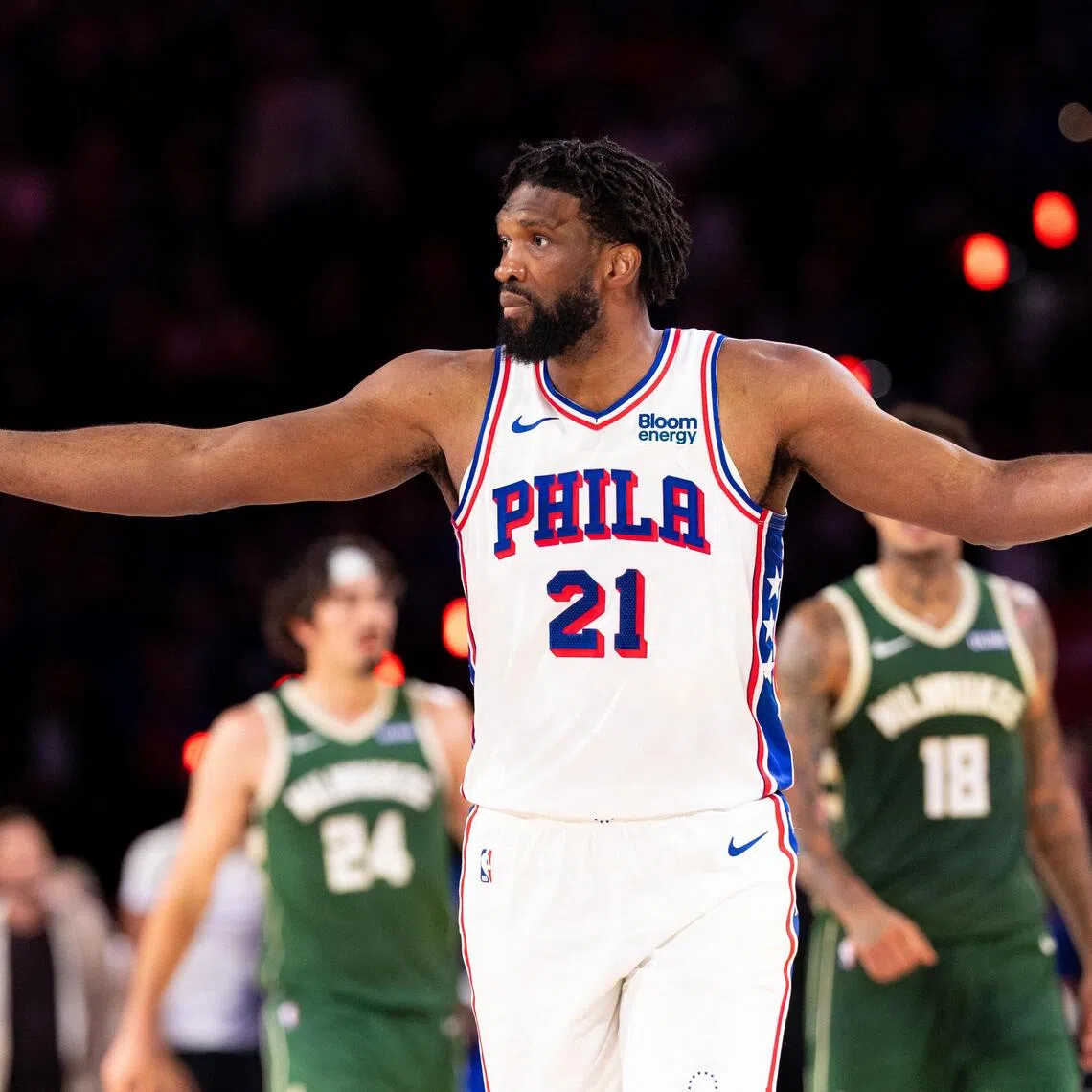 Philadelphia 76ers centre Joel Embiid led the Sixers scoring with a 28-point triple-double that included 11 rebounds and 10 assists.