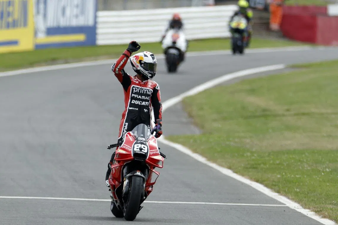 MotoGP - British Grand Prix - Silverstone Circuit, Silverstone, Britain - August 4, 2024 Prima Pramac Racing's Jorge Martin celebrates after finishing second in the race REUTERS/John Sibley/File Photo