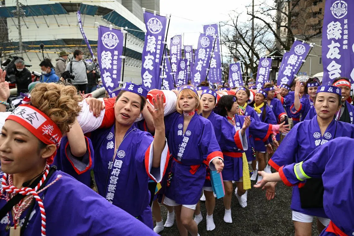 Women take part in a ritual event of naked festival, for the first time in its 1250 years of history, at Owari Okunitama Shrine, also known as Konomiya Shrine, in Inazawa, Aichi Prefecture, central Japan February 22, 2024. REUTERS/Chris Gallagher
