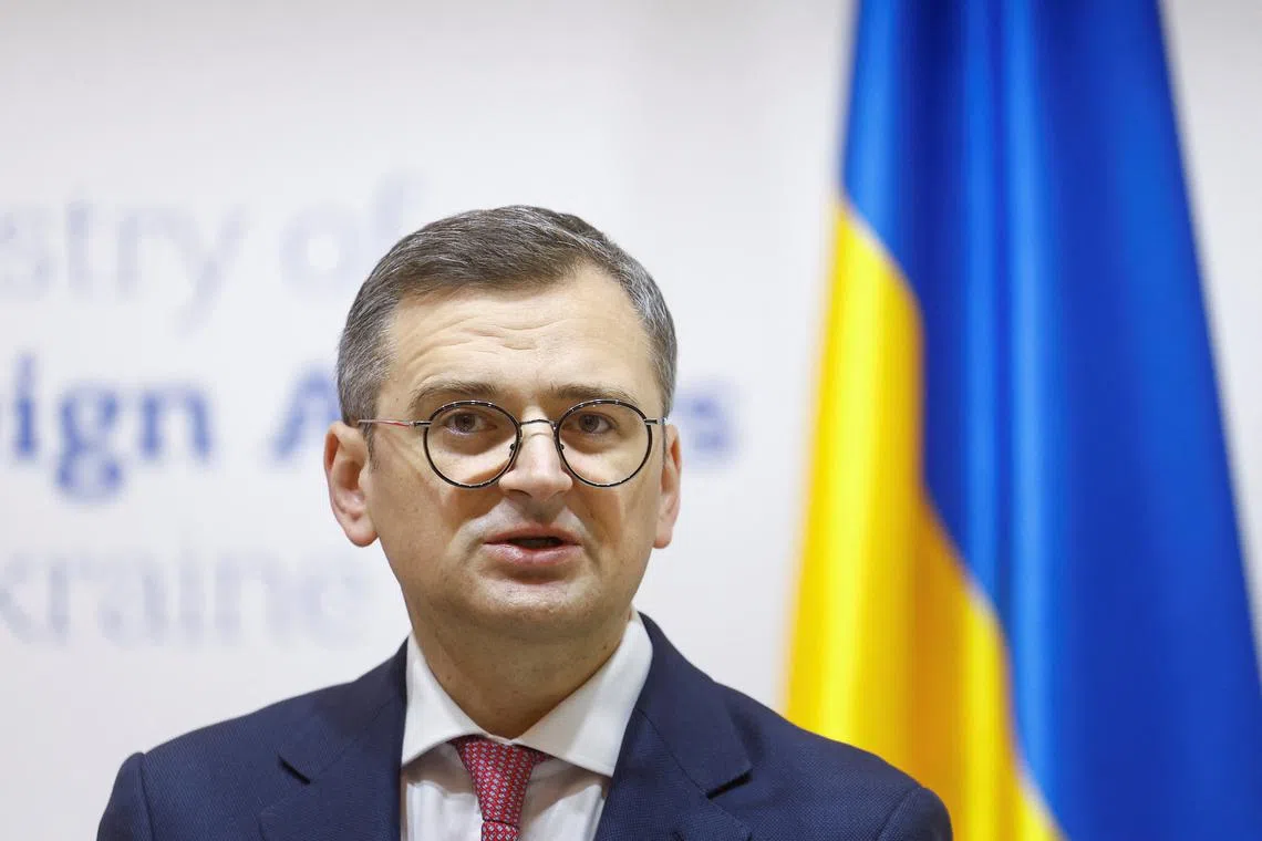 FILE PHOTO: Ukrainian Foreign Minister Dmytro Kuleba speaks during a joint press conference with Canadian counterpart Melanie Joly, amid Russia's attack on Ukraine, in Kyiv, Ukraine February 2, 2024. REUTERS/Valentyn Ogirenko/File Photo