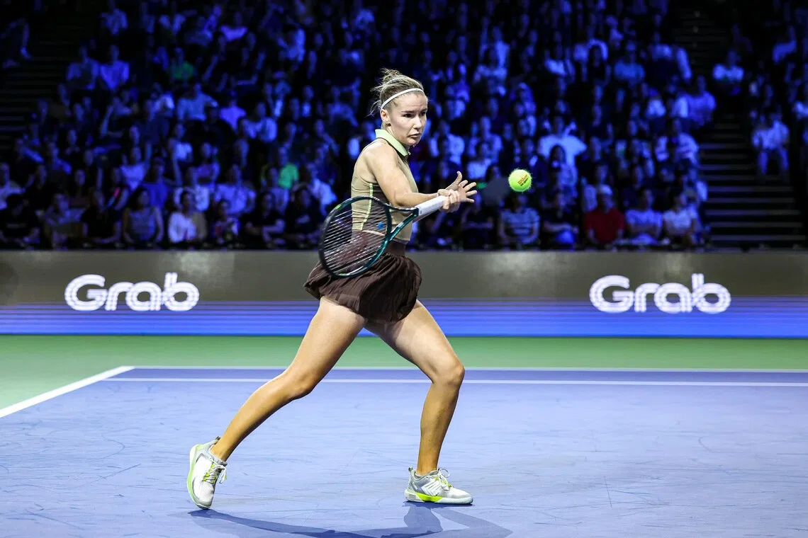 Tatiana Prozorova facing world Alexandra Eala during the Singapore Tennis Open women’s singles round-of-16 match at OCBC Arena on Sept 24.