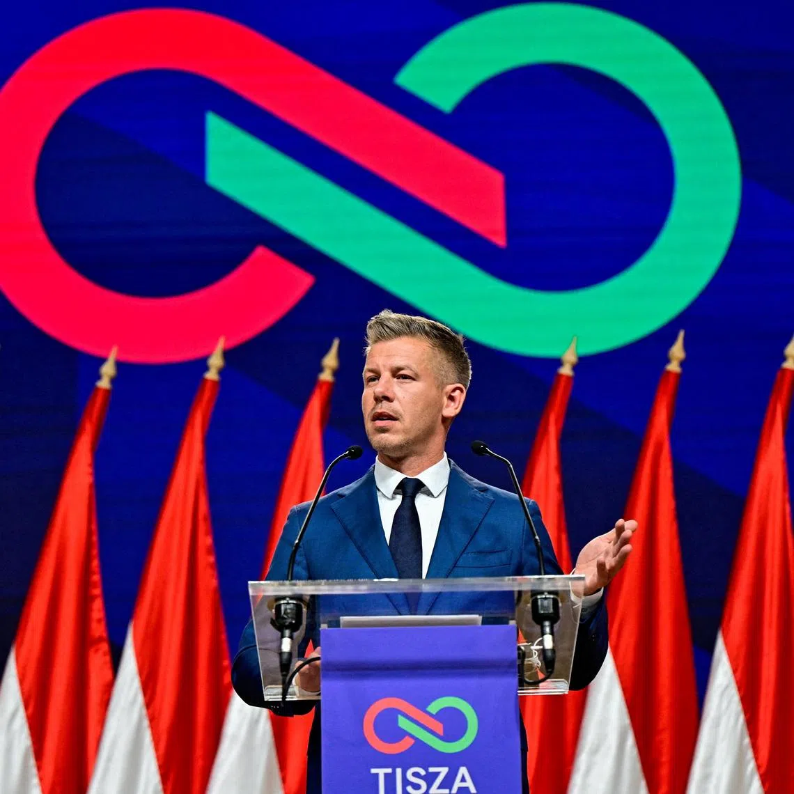 FILE PHOTO: Peter Magyar, leader of the opposition Tisza Party, speaks during a press conference a day after the parliamentary election, in which Hungarian Prime Minister Viktor Orban conceded defeat, Budapest, Hungary, April 13, 2026. REUTERS/Marton Monus/File Photo