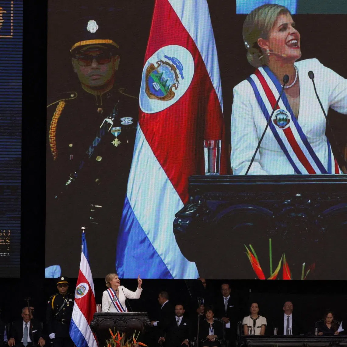 FILE PHOTO: Costa Rica's new President Laura Fernandez delivers a speech during her inauguration ceremony at the Estadio Nacional in San Jose, Costa Rica, May 8, 2026. REUTERS/Mayela Lopez/File Photo