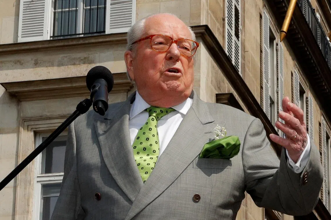 FILE PHOTO: French far-right National Front (FN) founder Jean-Marie Le Pen delivers a speech during a May Day ceremony in front of the statue of Jeanne d'Arc (Joan of Arc) in Paris, France, May 1, 2019. REUTERS/Philippe Wojazer/File Photo
