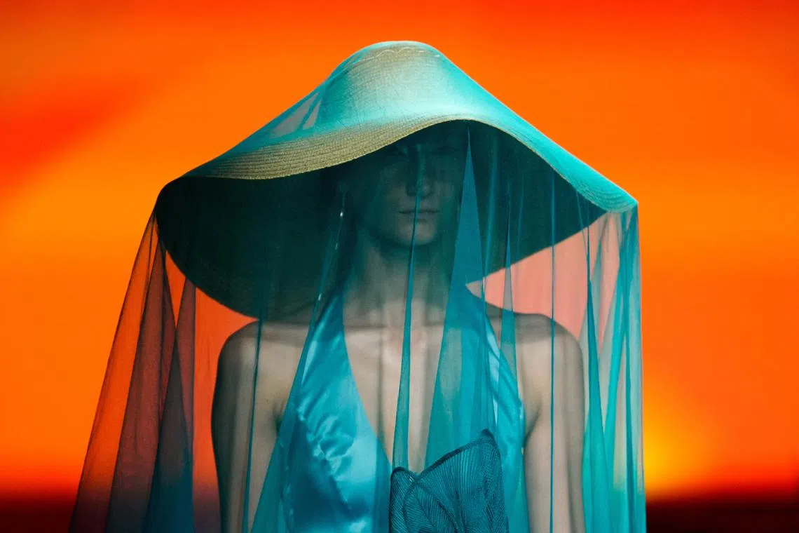 A model presenting a creation by Ynes Suelves at the Mercedes-Benz Fashion Week Madrid, in Madrid, Spain, on Sept 14.