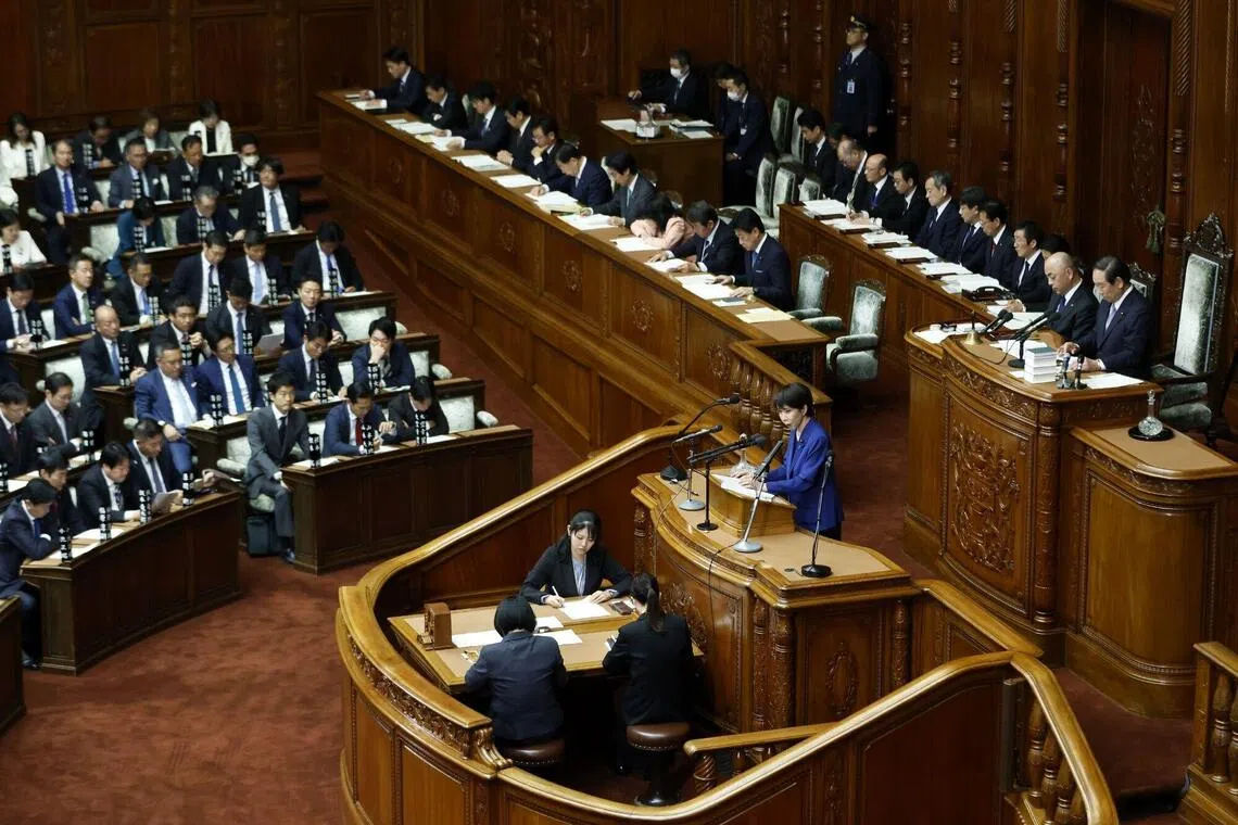 Japanese Prime Minister Sanae Takaichi delivers a policy speech in the Diet on October 24, 2025.