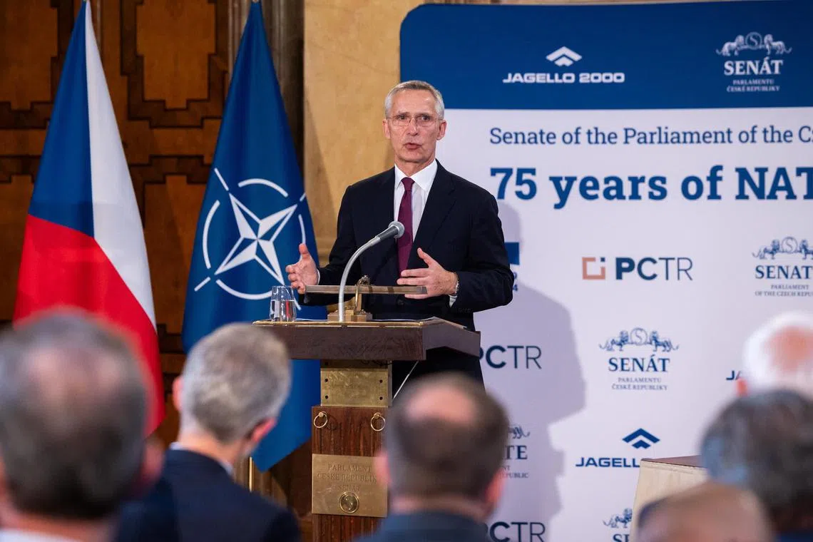Nato Secretary-General Jens Stoltenberg delivering a keynote speech at the Nato foreign ministers' meeting in Prague, on May 30.