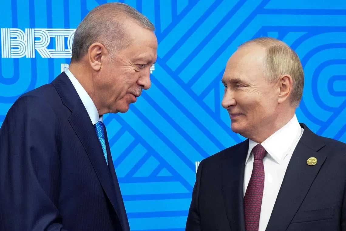 FILE PHOTO: Russian President Vladimir Putin meets with Turkish President Recep Tayyip Erdogan on the sidelines of the BRICS summit in Kazan, Russia, Wednesday, Oct. 23, 2024.     Alexander Zemlianichenko/Pool via REUTERS/File Photo