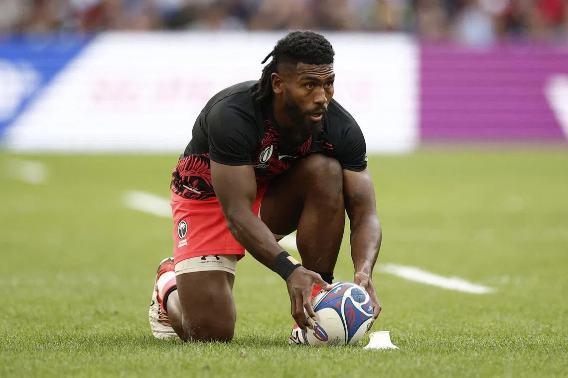 Rugby Union - Rugby World Cup 2023 - Quarter Final - England v Fiji - Orange Velodrome, Marseille, France - October 15, 2023 Fiji's Frank Lomani prepares to take a penalty kick REUTERS/Benoit Tessier/File Photo