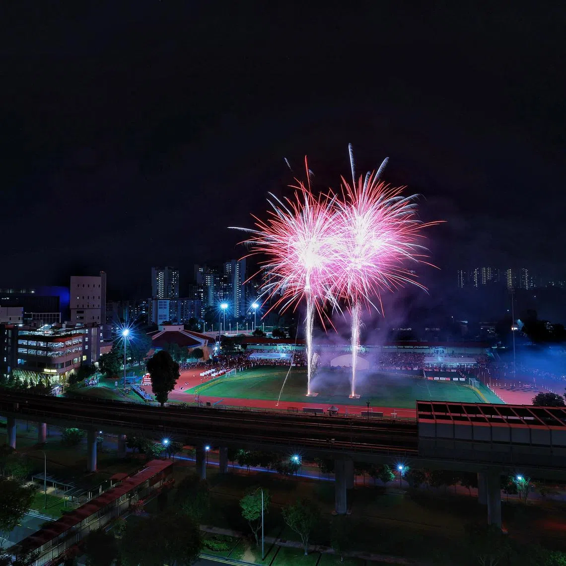 A fireworks display lasting almost six minutes during the GetActive! Singapore Heartlands Festival at Woodlands Stadium on Aug 6.