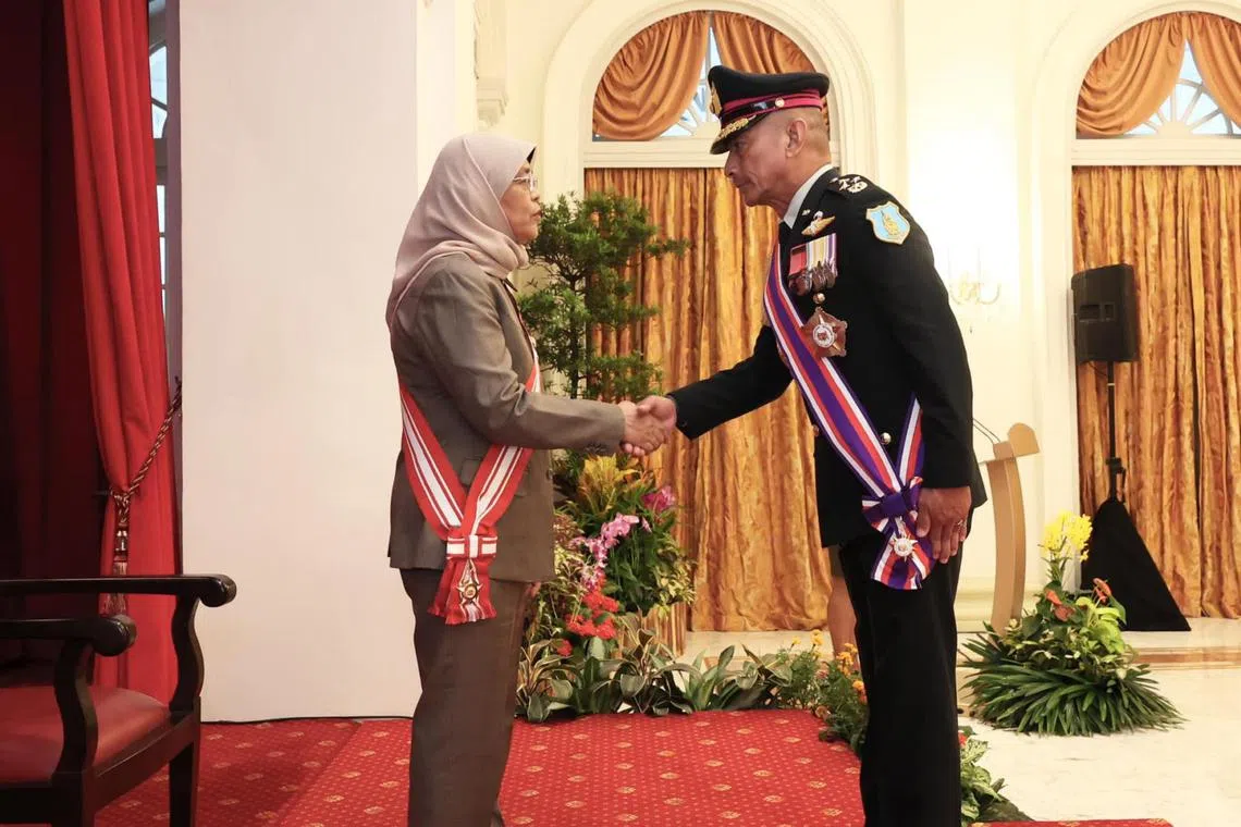 President Halimah Yacob presented the Distinguished Service Order (Military) to General Chalermphon Srisawasdi at the Istana on Wednesday.