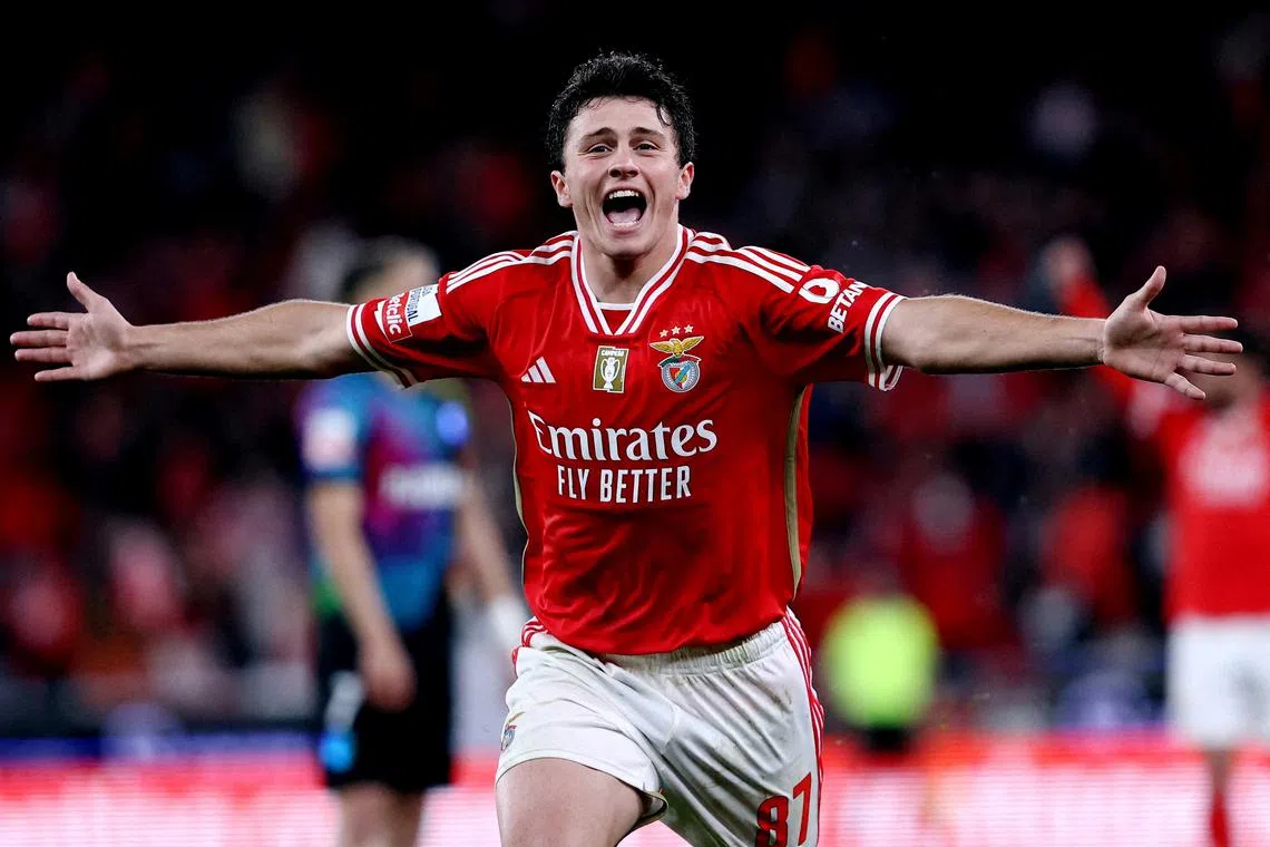 FILE PHOTO: Soccer Football - Primeira Liga - Benfica v GD Chaves - Estadio da Luz, Lisbon, Portugal - March 29, 2024 Benfica's Joao Neves celebrates scoring their first goal REUTERS/Rodrigo Antunes/File Photo