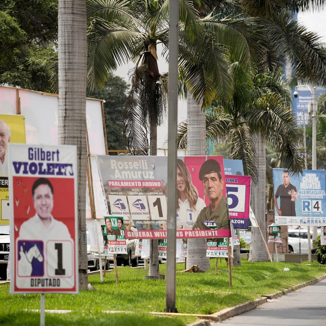 FILE PHOTO: Political advertising is on display ahead of the April 12 general election, in Lima, Peru, April 8, 2026. REUTERS/Angela Ponce/File Photo